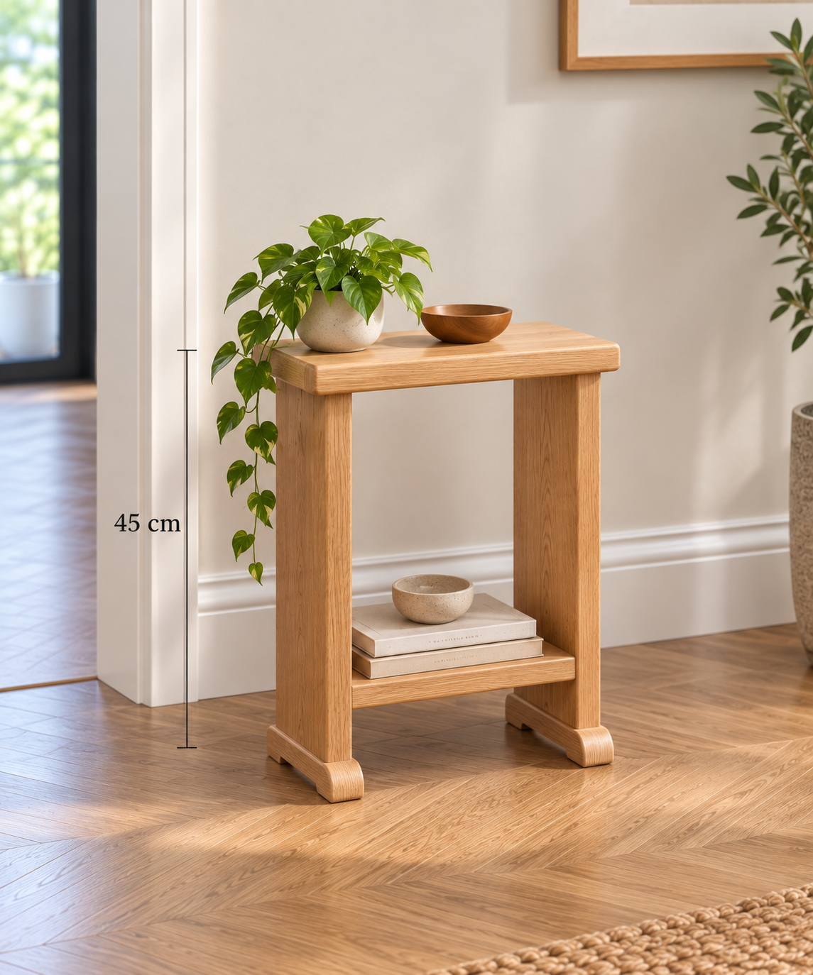 45 cm: Handmade solid oak side table, 45cm high, with lower shelf and rounded feet, displayed in a modern home interior.