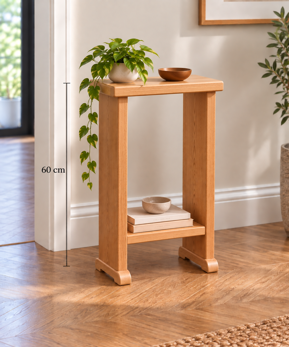 60 cm: Handmade solid oak side table, 60cm high, with lower shelf and rounded feet, displayed in a modern home interior.
