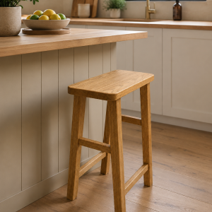 Handmade solid oak Laguz bistro stool with gently curved seat and traditional craftsmanship, finished in natural Osmo Polyx Oil.