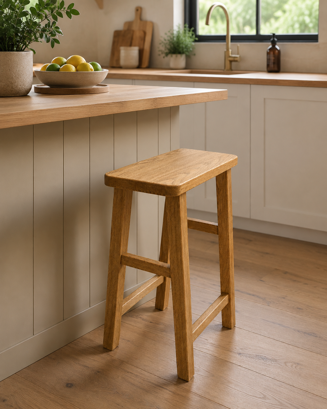 Handmade solid oak Laguz bistro stool with gently curved seat and traditional craftsmanship, finished in natural Osmo Polyx Oil.