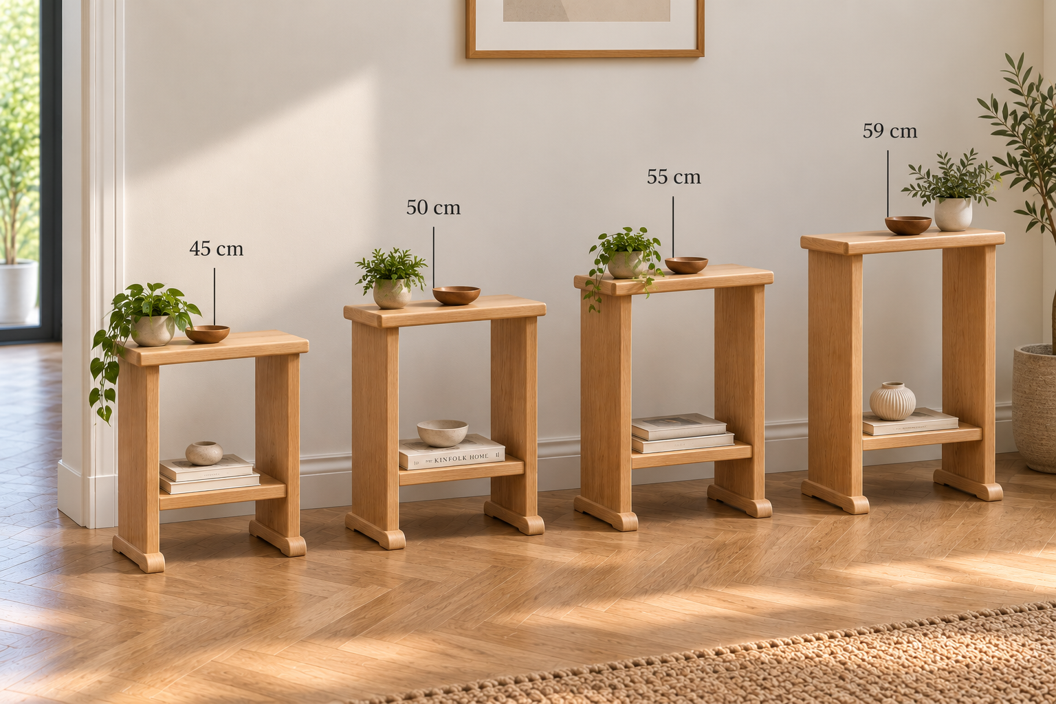 Handmade solid oak side table, 60cm high, with lower shelf and rounded feet, displayed in a modern home interior.