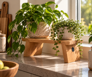 Handmade 15cm solid oak display stand with potted houseplants by a kitchen window – Runewood Studio