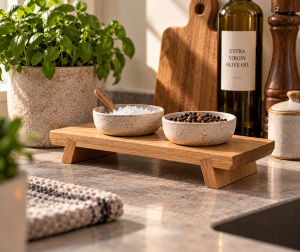 Handmade 6cm solid oak display stand styled with salt and pepper bowls on a kitchen worktop – Runewood Studio