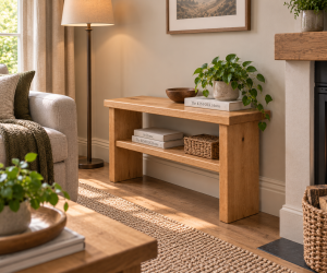 Short solid oak bench with lower storage shelf, styled with books, a woven basket and plant in a warm contemporary lounge beside a sofa and fireplace.