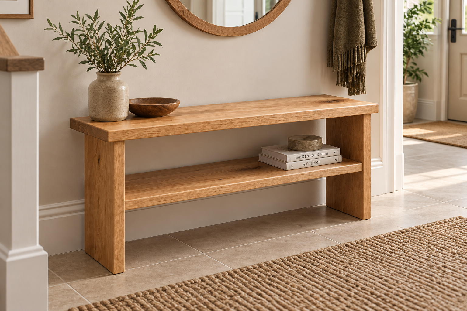 Solid oak hallway bench with lower storage shelf, styled with a ceramic vase and wooden bowl in a warm, modern entrance hallway.