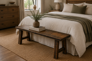 ulf solid oak bench with tiger-striped bandsawn finish at the foot of a bed