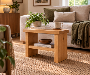 Handmade solid oak bench used as a compact coffee table in front of a sofa, with lower oak shelf for storage.