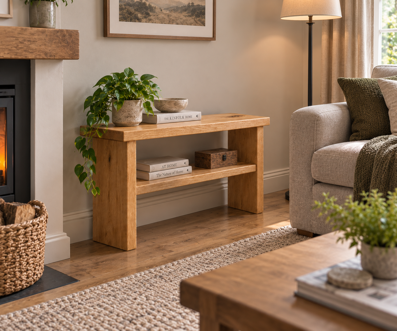 Short solid oak bench with lower storage shelf, styled with plants and books in a warm contemporary lounge beside a sofa and fireplace.