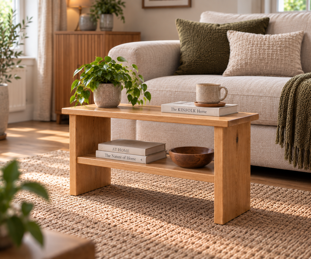 Handmade solid oak bench and compact coffee table with lower storage shelf, styled in a warm contemporary living room.