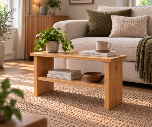 Handmade solid oak bench and compact coffee table with lower storage shelf, styled in a warm contemporary living room.