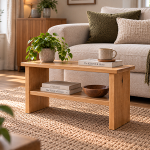 Handmade solid oak bench and compact coffee table with lower storage shelf, styled in a warm contemporary living room.