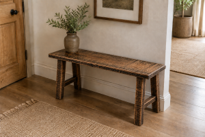 Ulf dark solid oak bench with distinctive resawn grain and handmade rustic finish