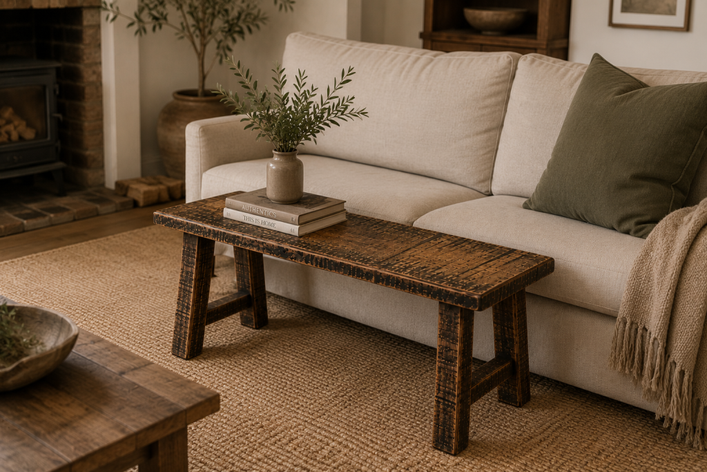 ulf solid oak bench in a modern living room beside a sofa