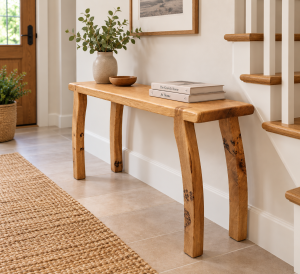 Handcrafted solid oak bench in a warm modern hallway