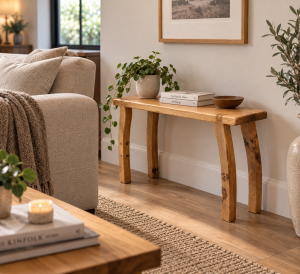 Runewood Studio solid oak bench beside a living room sofa