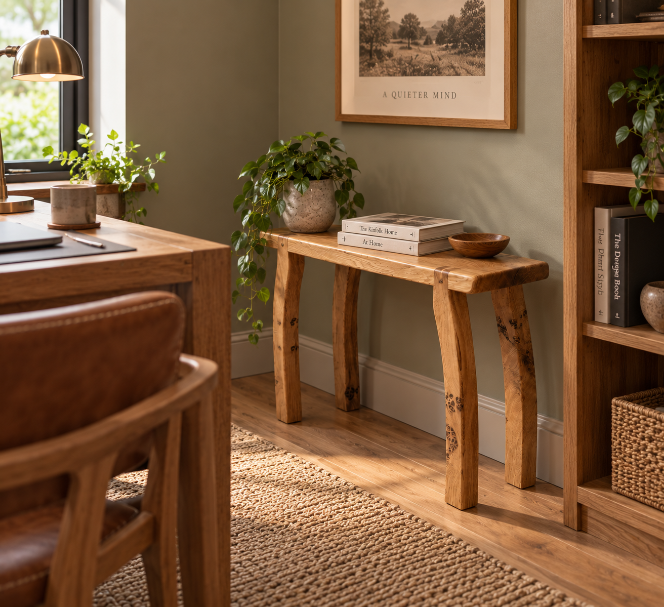 Handmade oak bench styled in a contemporary home study