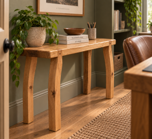 Handcrafted solid oak bench in a warm modern hallway