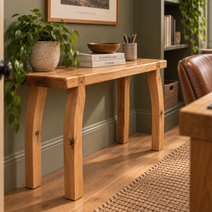 Handcrafted solid oak bench in a warm modern hallway
