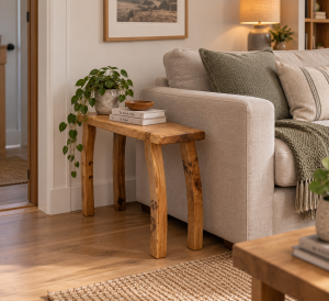 Runewood Studio solid oak bench beside a living room sofa