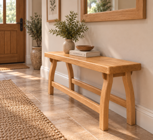 Uruz handmade solid white oak bench in a hallway