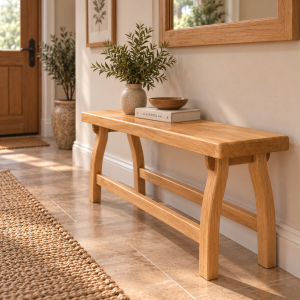 Uruz handmade solid white oak bench in a hallway