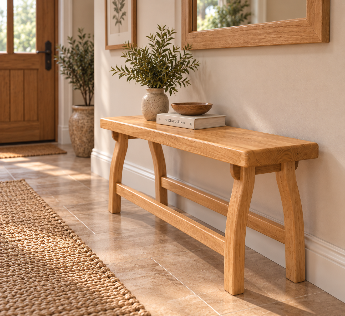 Uruz handmade solid white oak bench in a hallway